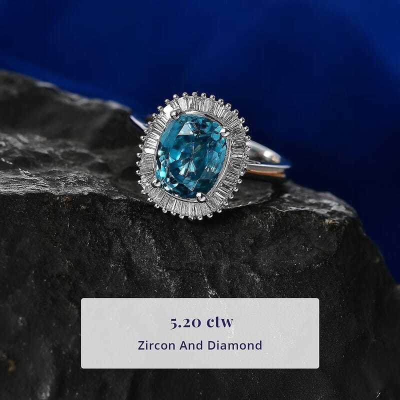 Luxoro AAA Cambodian Blue Zircon and Diamond I2 5.20 ctw Ocean Starlight Halo Ring in 10K White Gold (Size 11.0)