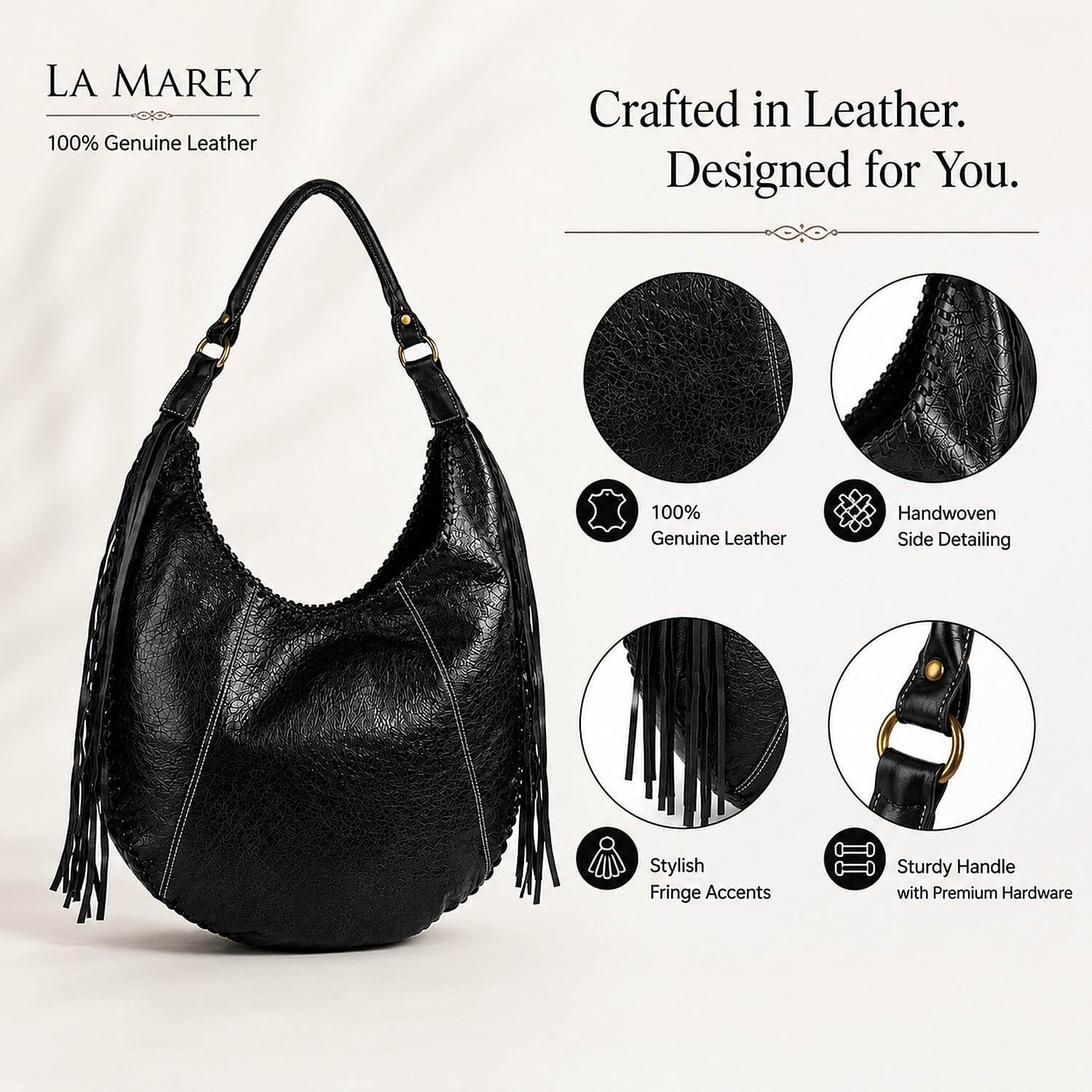 La Marey Black Genuine Leather Moon Shape Bag