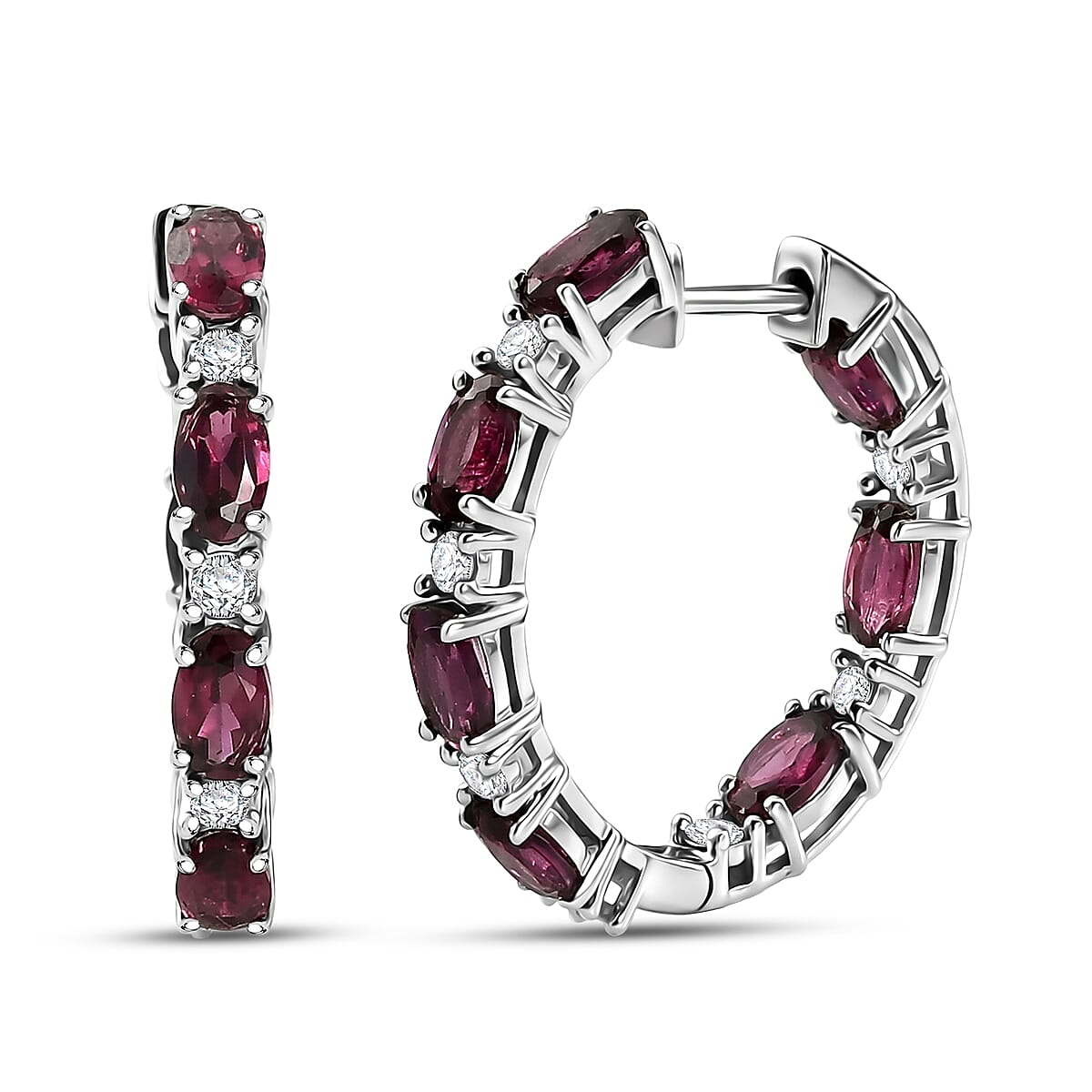 D'Joy AAA Radiant Ember Garnet and Lab Grown Diamond I2-I3 4.90 ctw Velvet Fire Hoop Earrings in Rhodium Over Sterling Silver