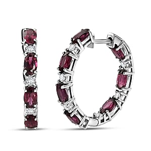 D'Joy AAA Radiant Ember Garnet and Lab Grown Diamond I2-I3 4.90 ctw Velvet Fire Hoop Earrings in Rhodium Over Sterling Silver