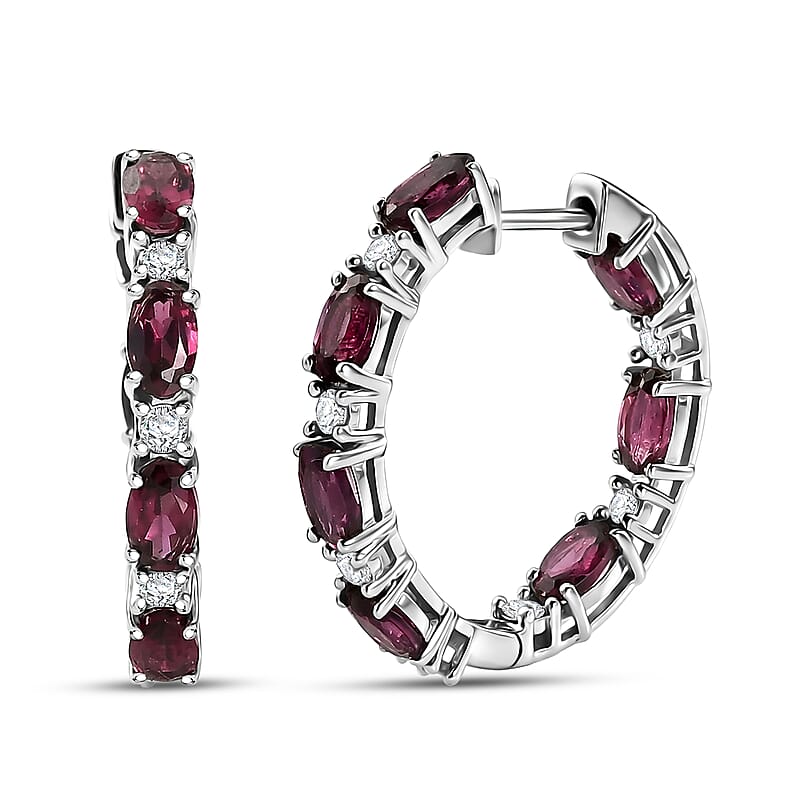 D'Joy AAA Radiant Ember Garnet and Lab Grown Diamond I2-I3 4.90 ctw Velvet Fire Inside Out Hoop Earrings in Rhodium Over Sterling Silver