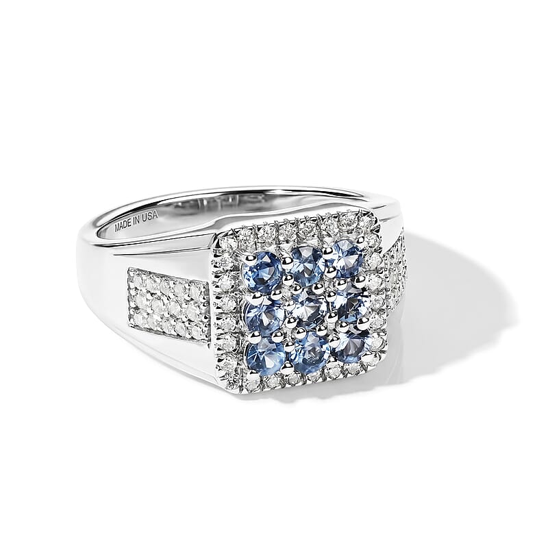 D'Joy Ceylon Blue Sapphire and Moissanite 1.80 ctw Men's Ring in Rhodium Over Sterling Silver (Size 10.0)