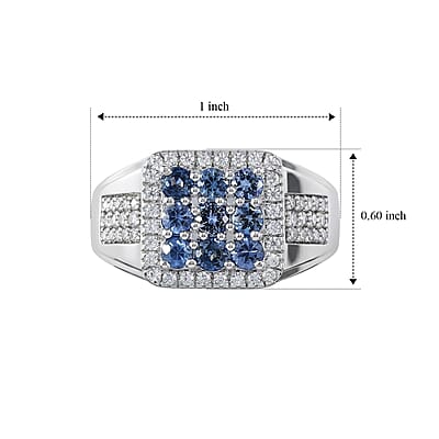 D'Joy Ceylon Blue Sapphire and Moissanite 1.80 ctw Men's Ring in Rhodium Over Sterling Silver (Size 10.0)