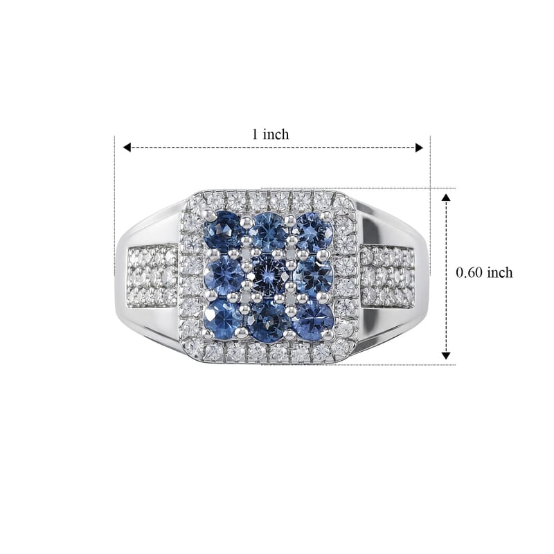 D'Joy Ceylon Blue Sapphire and Moissanite 1.80 ctw Men's Ring in Rhodium Over Sterling Silver (Size 11.0)