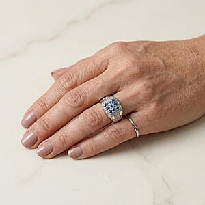 D'Joy Ceylon Blue Sapphire, Moissanite Men's Ring in Rhodium Over Sterling Silver (Size 10.0) 1.80 ctw