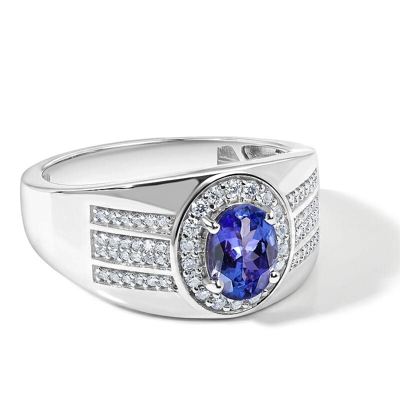 D'Joy Tanzanite and Moissanite 1.70 ctw Men's Ring in Rhodium Over Sterling Silver (Size 10.0)