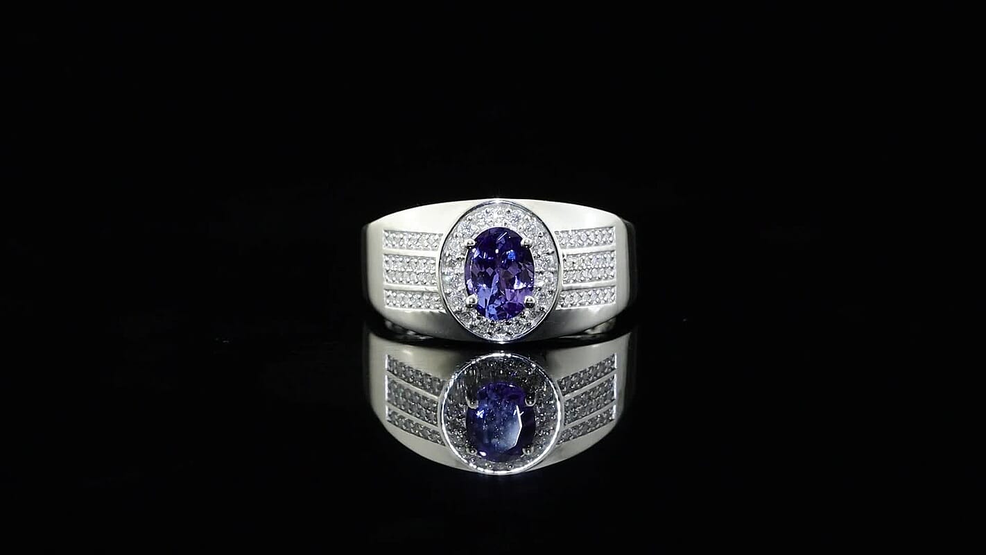 D'Joy Tanzanite, Moissanite Men's Ring in Rhodium Over Sterling Silver (Size 10.0) 1.70 ctw