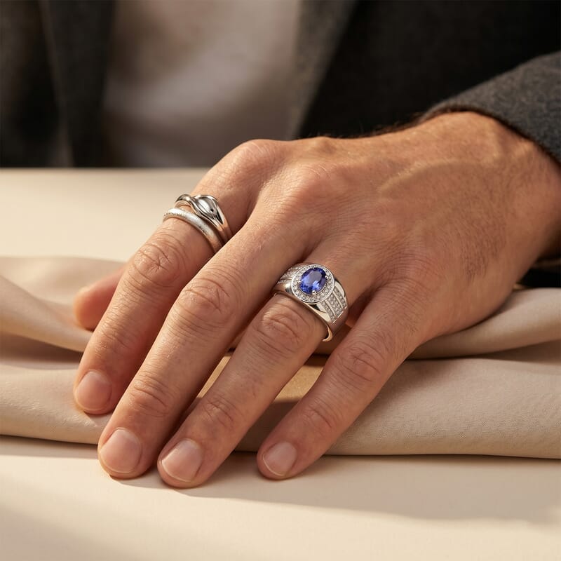 D'Joy Tanzanite and Moissanite 1.70 ctw Men's Ring in Rhodium Over Sterling Silver (Size 10.0)