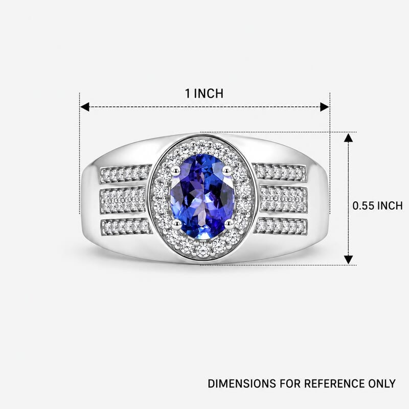 D'Joy Tanzanite and Moissanite 1.70 ctw Men's Ring in Rhodium Over Sterling Silver (Size 11.0)