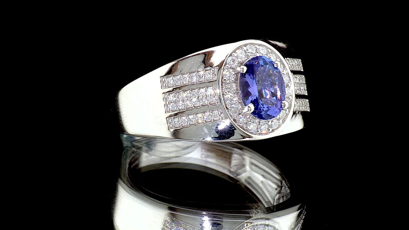 D'Joy Tanzanite, Moissanite Men's Ring in Rhodium Over Sterling Silver (Size 10.0) 1.70 ctw