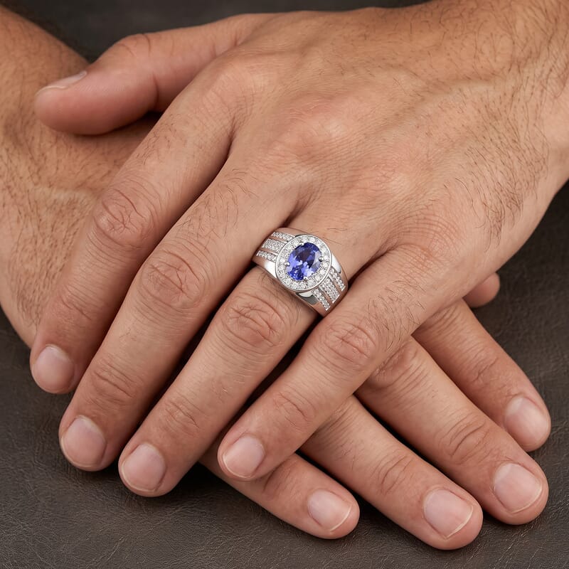 D'Joy Tanzanite and Moissanite 1.70 ctw Men's Ring in Rhodium Over Sterling Silver (Size 12.0)
