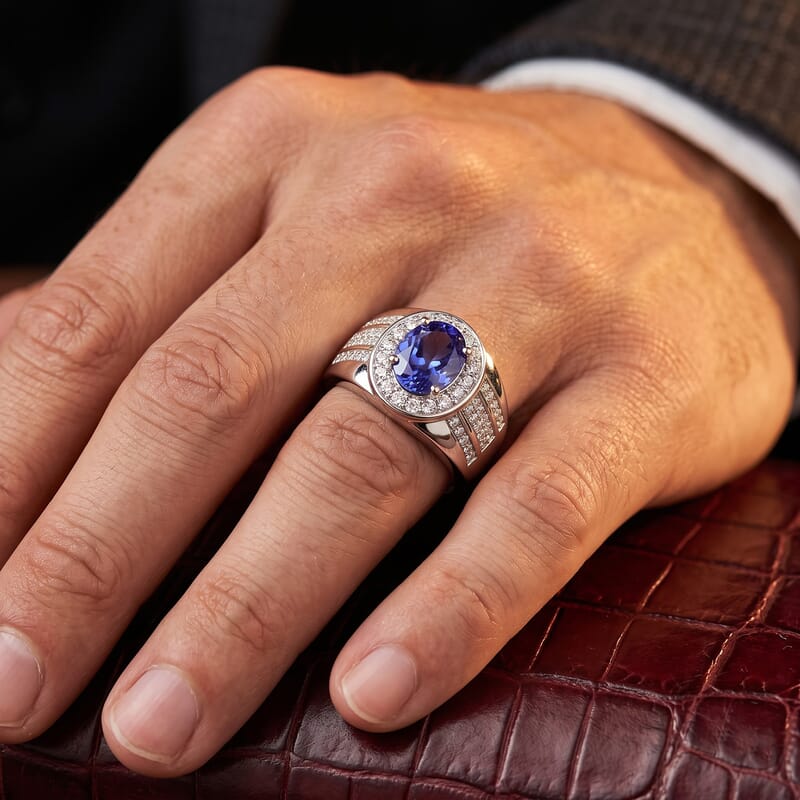 D'Joy Tanzanite and Moissanite 1.70 ctw Men's Ring in Rhodium Over Sterling Silver (Size 12.0)