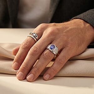 D'Joy Tanzanite, Moissanite Men's Ring in Rhodium Over Sterling Silver (Size 10.0) 1.70 ctw