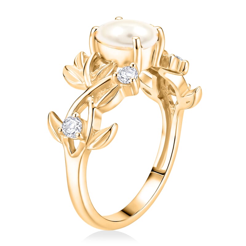 Pearl and Simulated Diamond 0.25 ctw Ring in Sterling Silver (Size 5.5)
