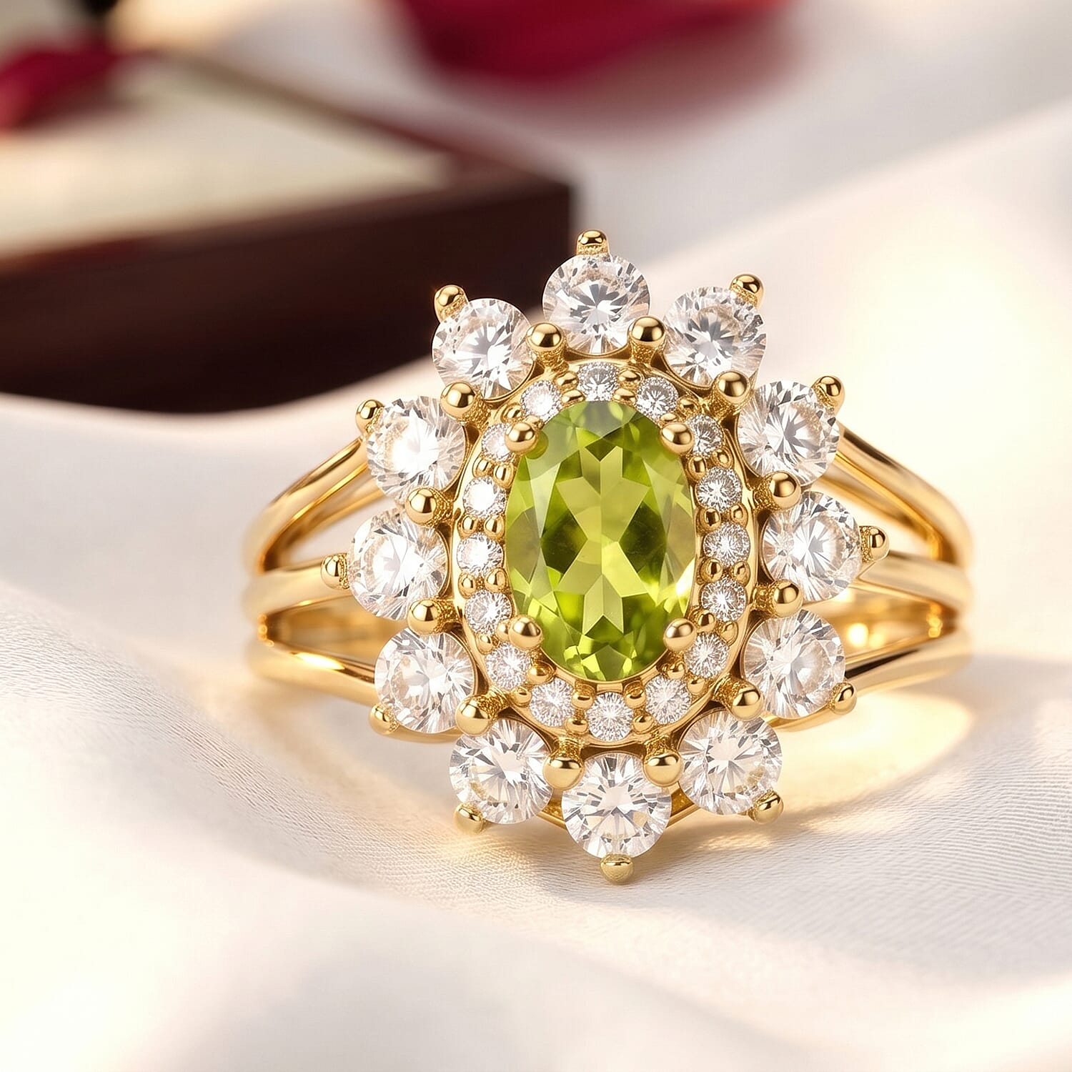 Hebei Peridot and Simulated Diamond 2.50 ctw Ring in 14K YG Over Sterling Silver (Size 8.0)