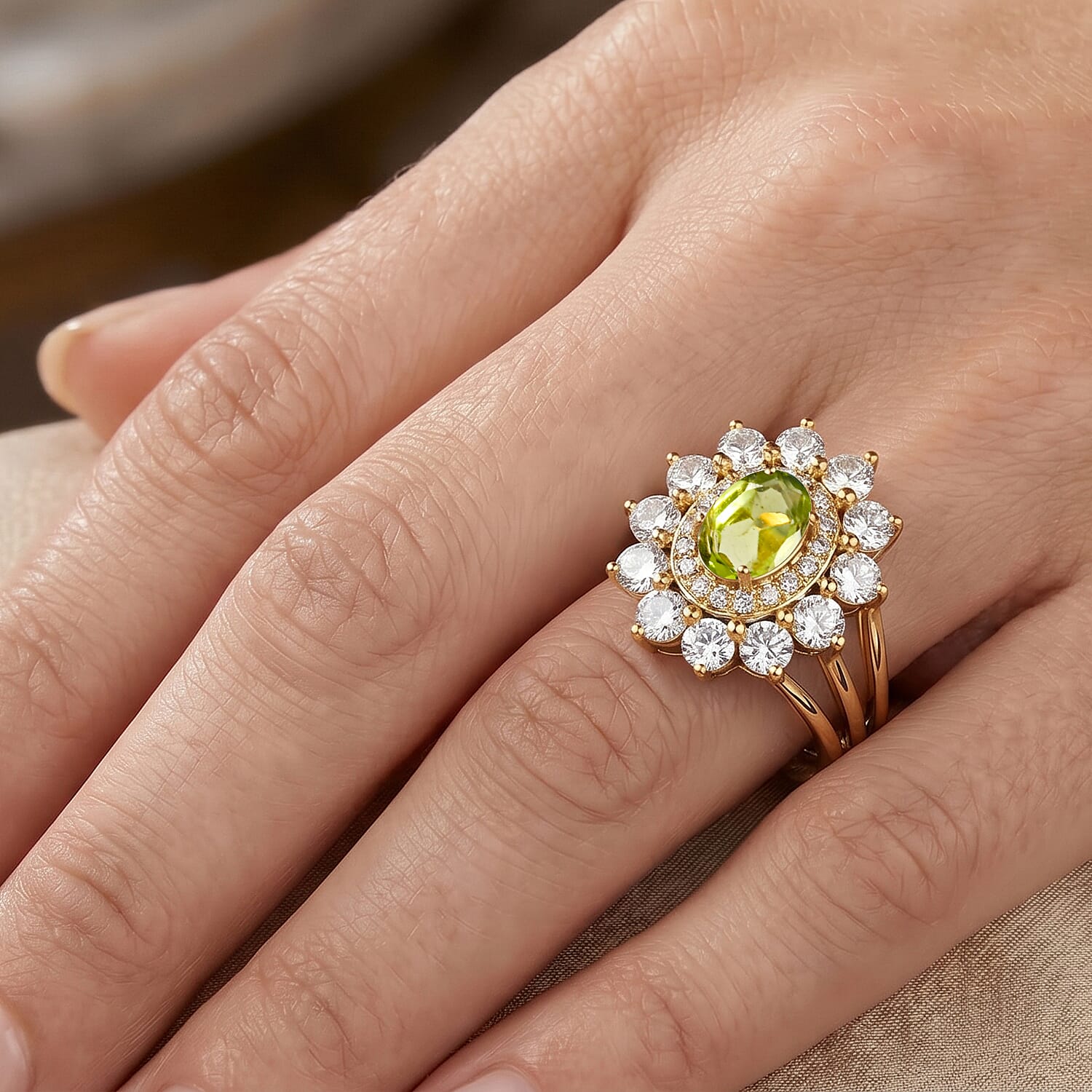 Hebei Peridot and Simulated Diamond 2.50 ctw Ring in 14K YG Over Sterling Silver (Size 8.0)