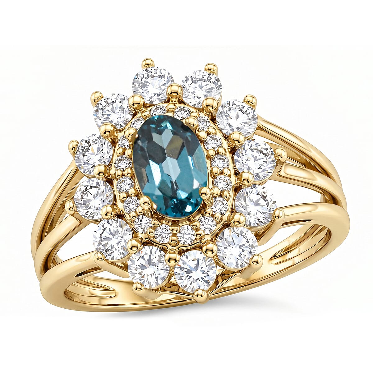Teal Quartz and Simulated Diamond 2.50 ctw Ring in 14K YG Over Sterling Silver (Size 8.0)
