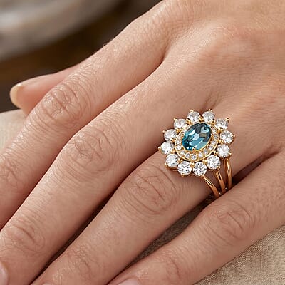 Teal Quartz and Simulated Diamond 2.50 ctw Ring in 14K YG Over Sterling Silver (Size 8.0)