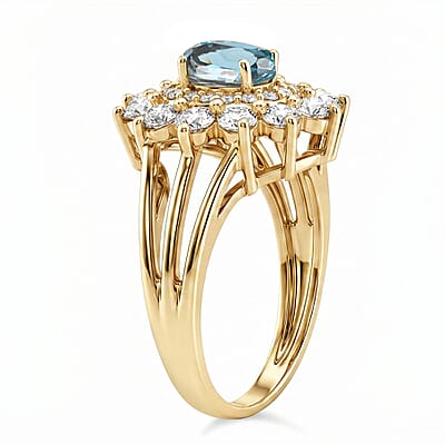 Teal Quartz and Simulated Diamond 2.50 ctw Ring in 14K YG Over Sterling Silver (Size 8.0)
