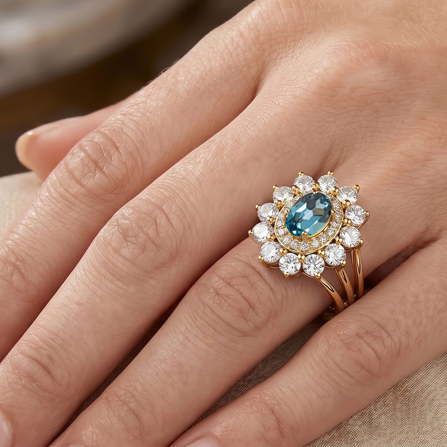 Teal Quartz and Simulated Diamond 2.50 ctw Ring in 14K YG Over Sterling Silver (Size 9.0)