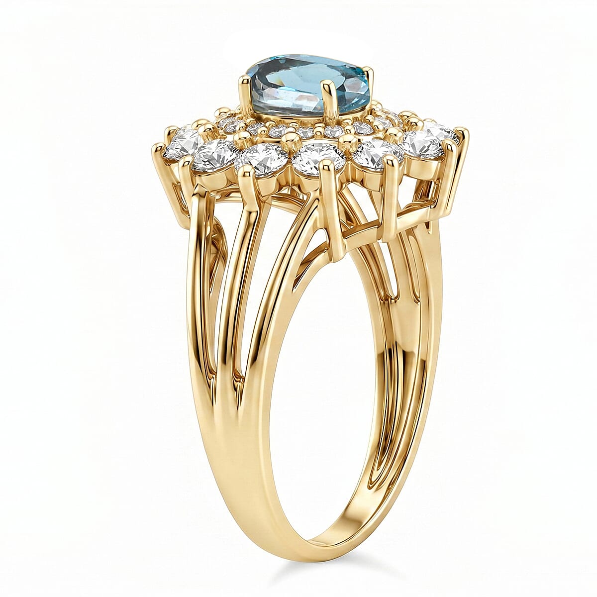 Teal Quartz and Simulated Diamond 2.50 ctw Ring in 14K YG Over Sterling Silver (Size 9.0)