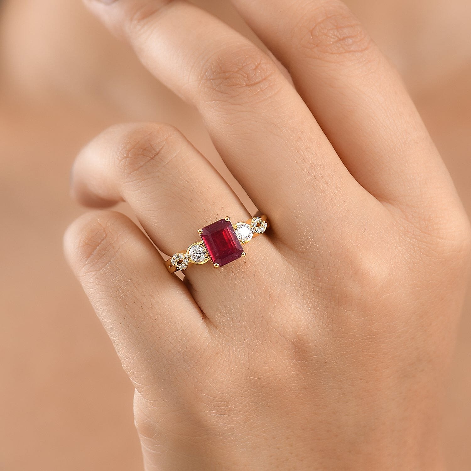 EverTrue Niassa Ruby (FF) and Moissanite 3.00 ctw Scarlet Knot Ring in 18K YG Plated (Size 10.0)