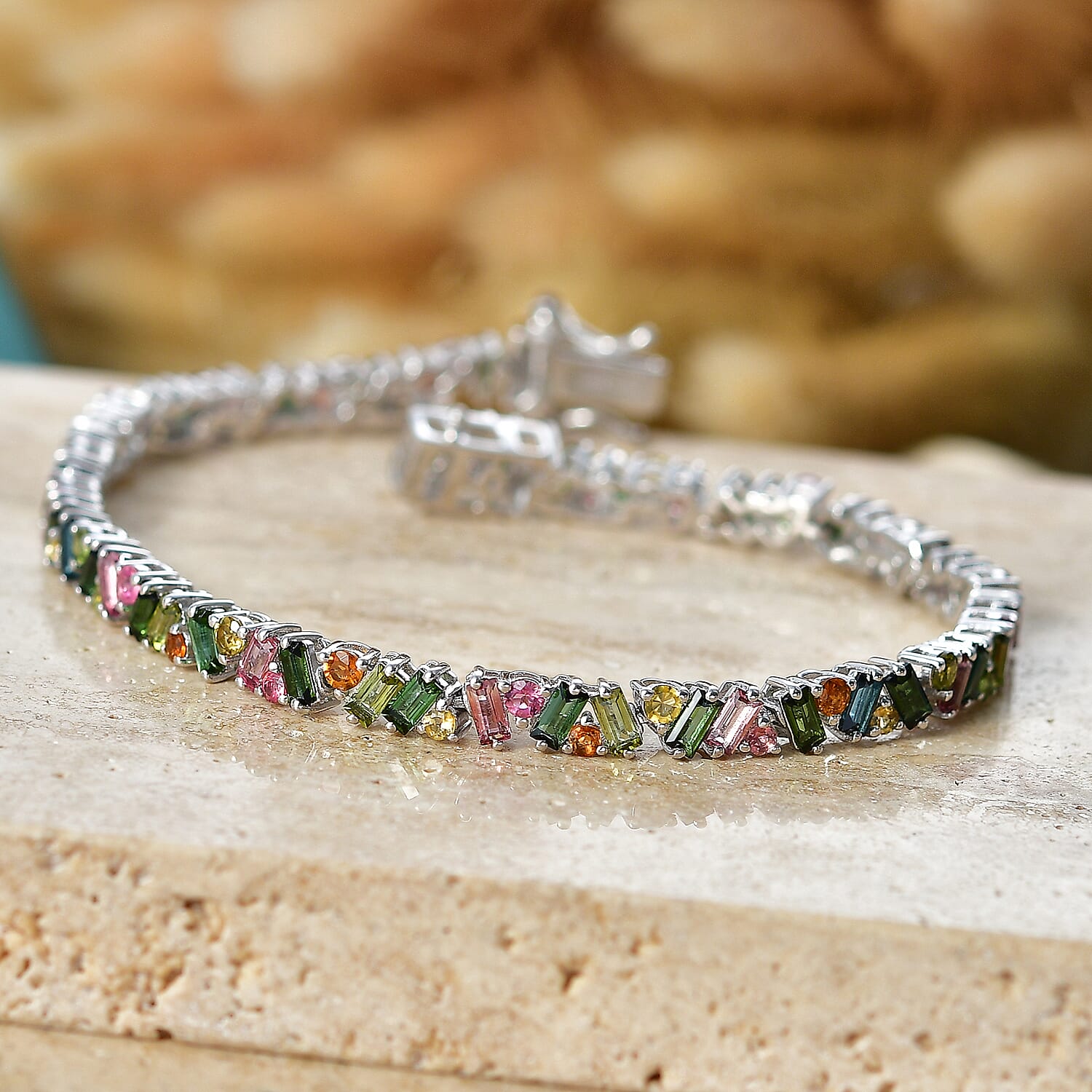 D'Joy AAA Multi-Tourmaline 6.85 ctw Spectrum Glow Bracelet in Rhodium Over Sterling Silver (6.50 In)