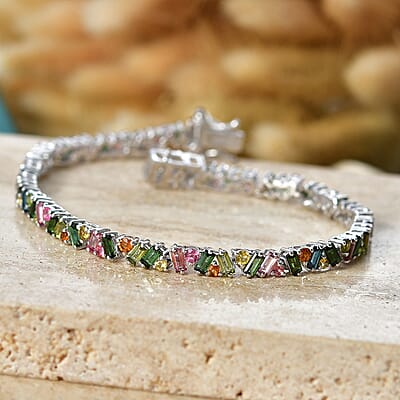D'Joy AAA Multi-Tourmaline 6.85 ctw Spectrum Glow Bracelet in Rhodium Over Sterling Silver (6.50 In)