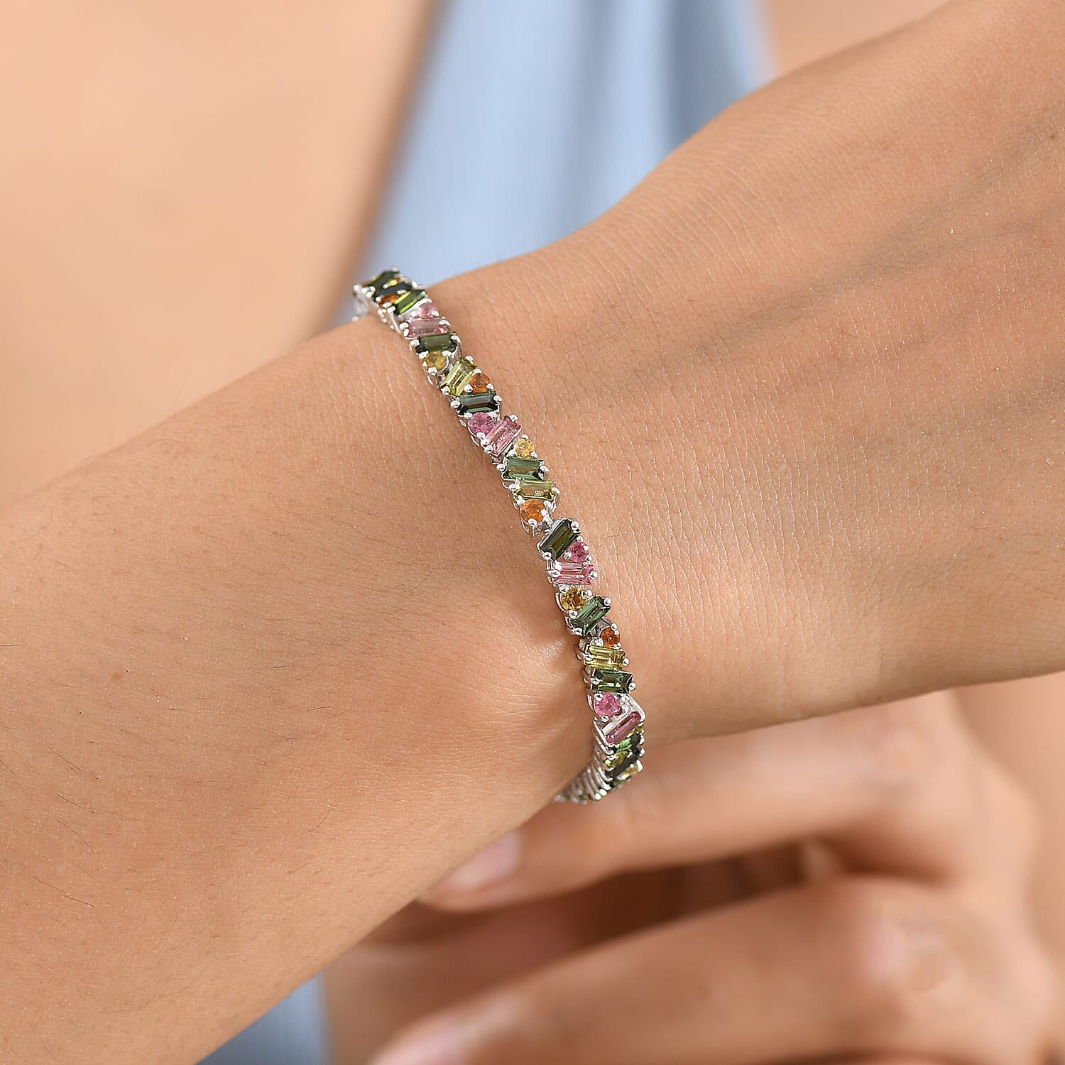D'Joy AAA Multi-Tourmaline 6.85 ctw Spectrum Glow Bracelet in Rhodium Over Sterling Silver (6.50 In)