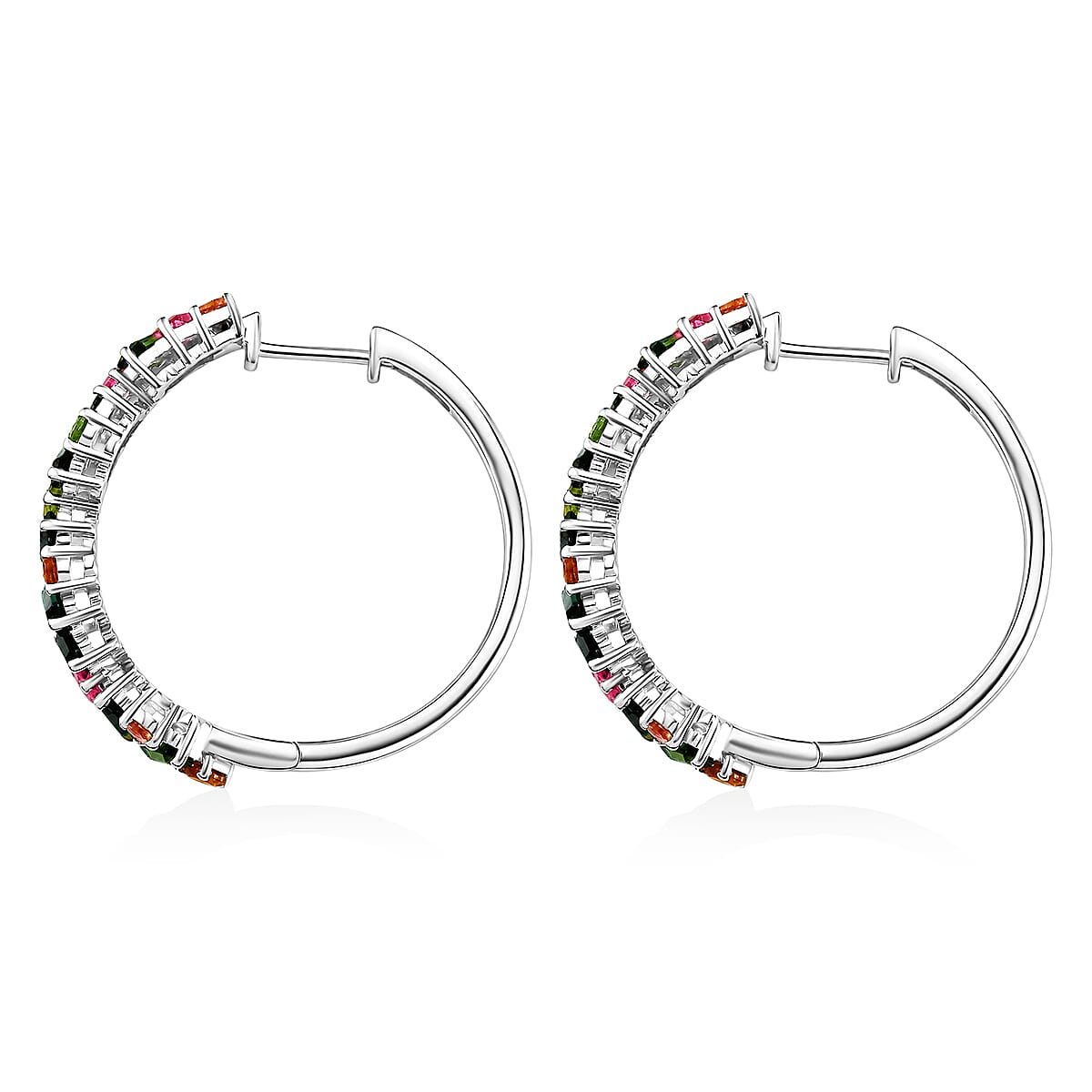 D'Joy AAA Multi-Tourmaline 3.20 ctw Spectrum Glow Hoop Earrings in Rhodium Over Sterling Silver image number 3