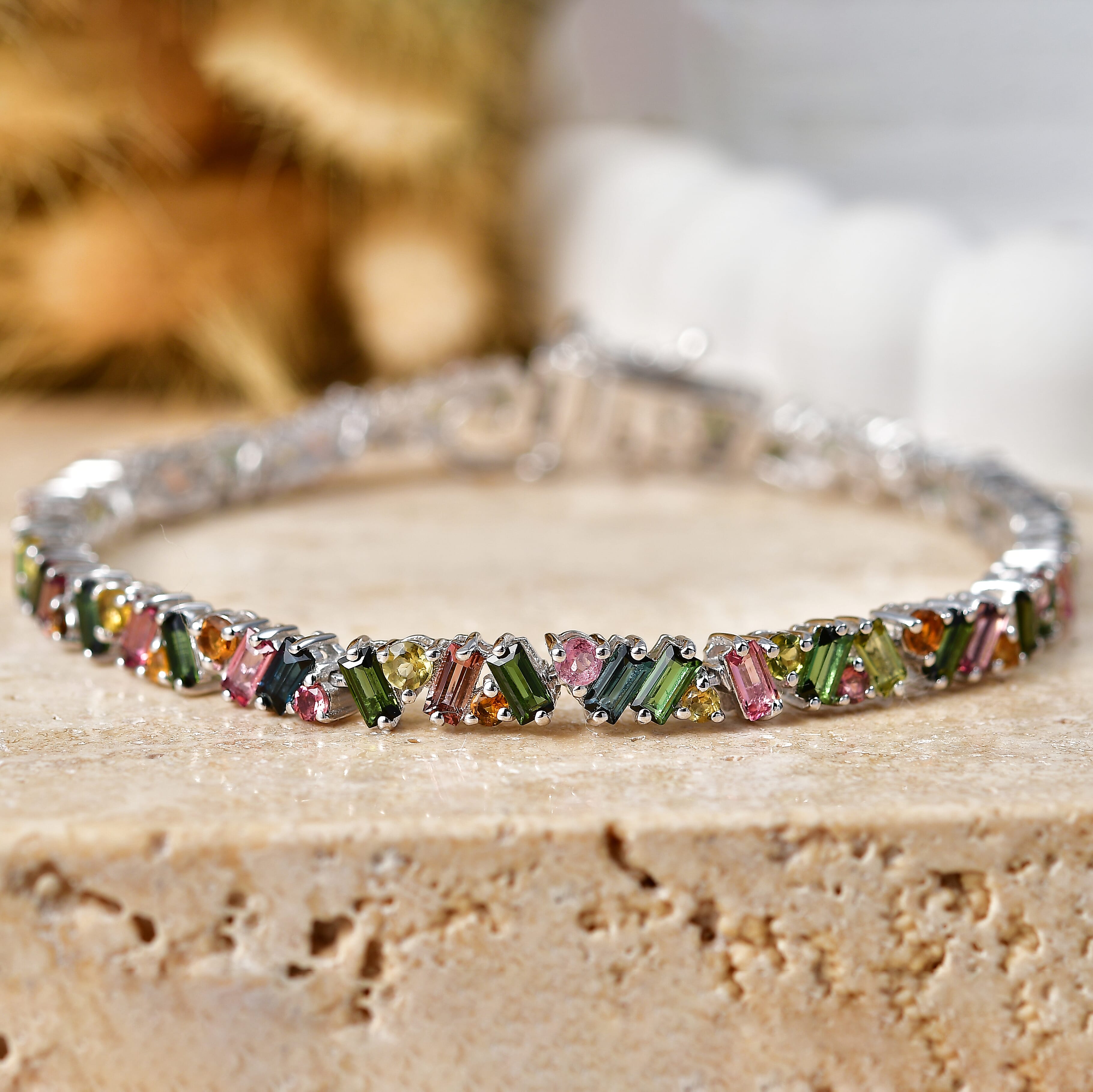 D'Joy AAA Multi-Tourmaline 7.70 ctw Spectrum Glow Bracelet in Rhodium Over Sterling Silver (7.25 In)