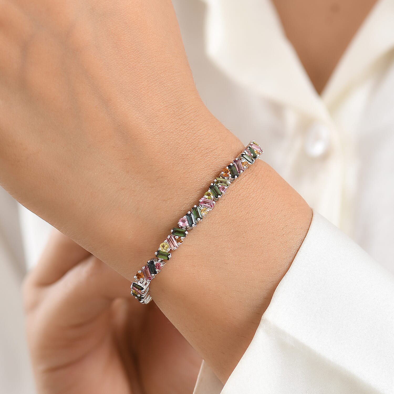 D'Joy AAA Multi-Tourmaline 7.70 ctw Spectrum Glow Bracelet in Rhodium Over Sterling Silver (7.25 In)