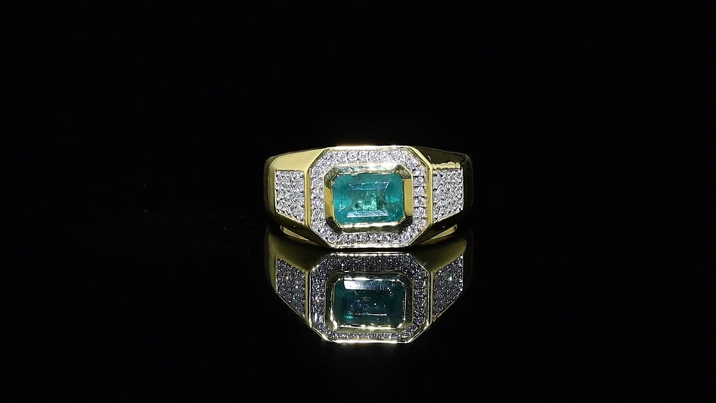 D'Joy Premium Kagem Zambian Emerald, Moissanite Men's Ring in 18K Vermeil YG Over Sterling Silver (Size 10.0) 2.10 ctw