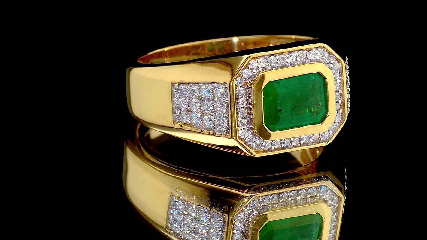 D'Joy Premium Kagem Zambian Emerald, Moissanite Men's Ring in 18K Vermeil YG Over Sterling Silver (Size 10.0) 2.10 ctw