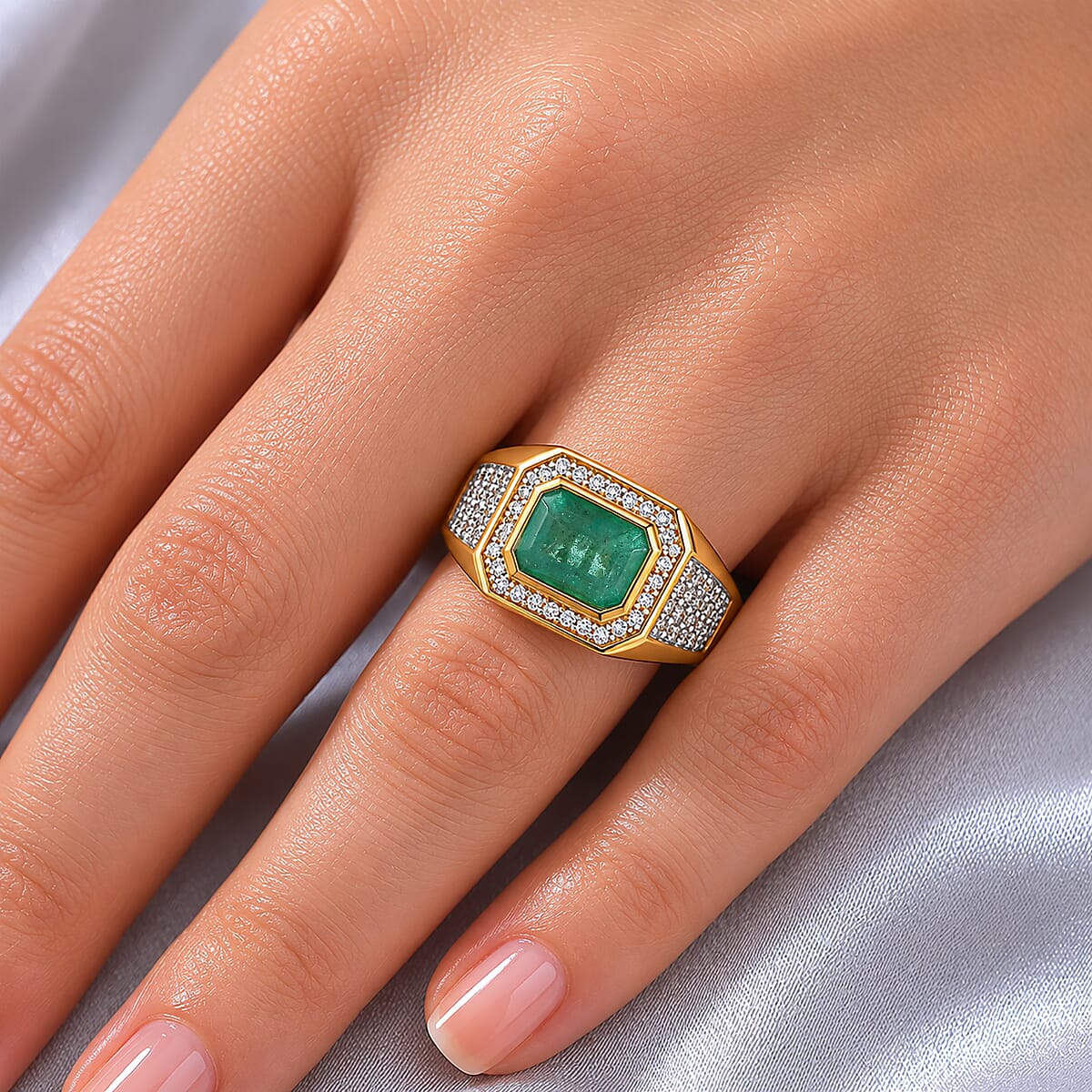 D'Joy Premium Kagem Zambian Emerald, Moissanite Men's Ring in 18K Vermeil YG Over Sterling Silver (Size 10.0) 2.10 ctw image number 1