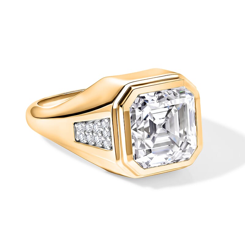 D'Joy Asscher Cut Moissanite 9.85 ctw Men's Ring in 18K Vermeil Yellow Gold Over Sterling Silver (Size 10.0)