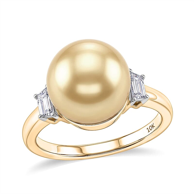 Premium South Sea Golden Pearl and Luxuriant Lab Grown Diamond E-F VS 0.20 ctw Honeymoon Ring in 10K Yellow Gold (Size 5.0)