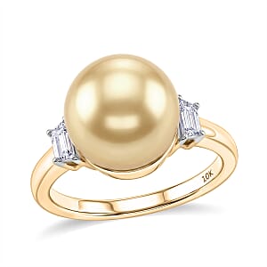 Premium South Sea Golden Pearl and Luxuriant Lab Grown Diamond E-F VS 0.20 ctw Honeymoon Ring in 10K Yellow Gold (Size 6.0)