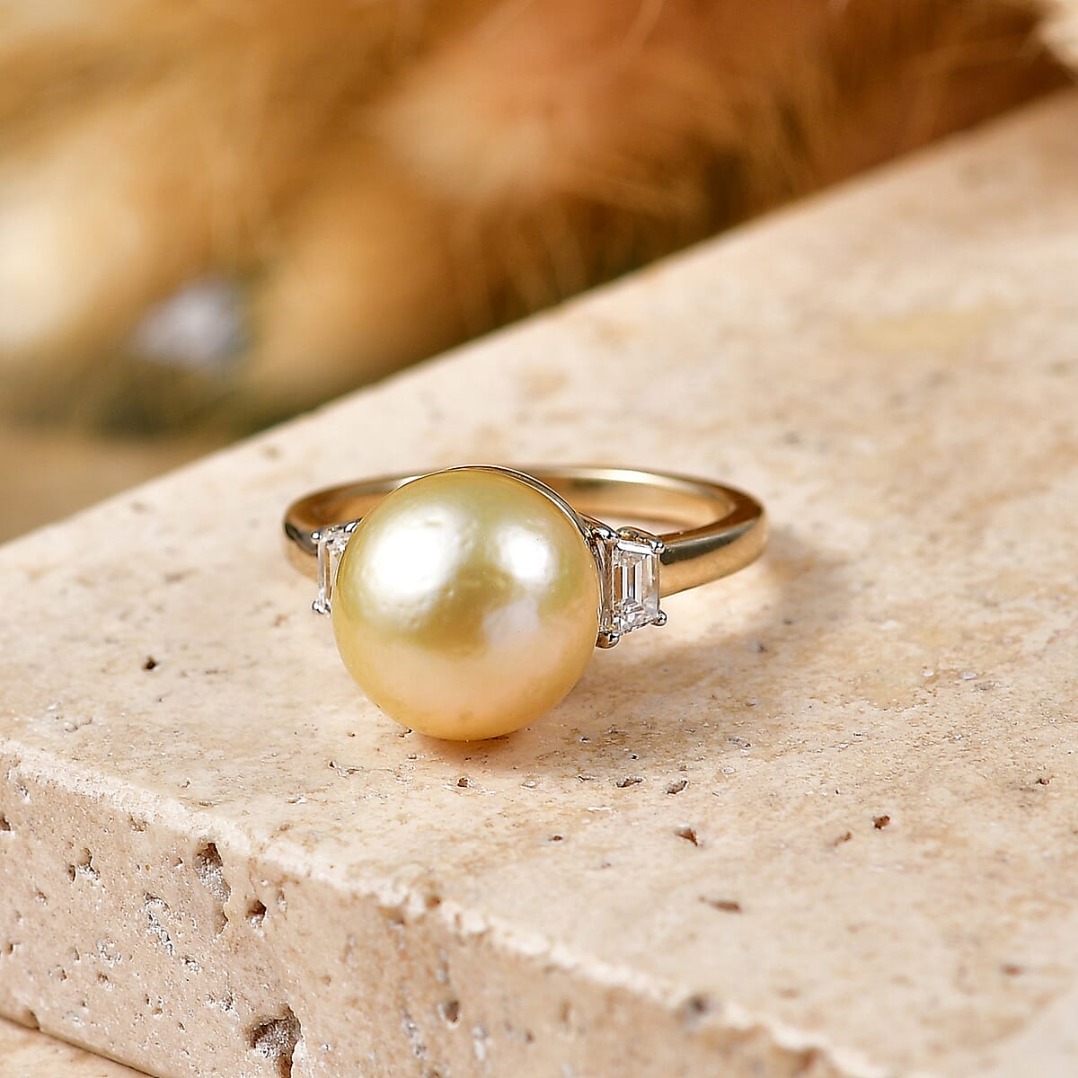10K Yellow Gold Premium South Sea Golden Cultured Pearl (9-11mm), Luxuriant Lab Grown Diamond (E-F, VS) Ring (Size 6.0) 0.20 ctw image number 1