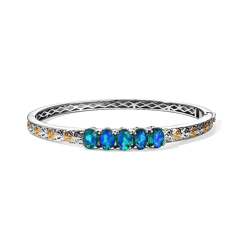 EverTrue Peacock Quartz (Triplet) 6.70 ctw Peacock Paradise Bangle Bracelet in 18K YG Plated and Platinum Bond (6.50 In)