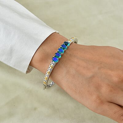 EverTrue Peacock Quartz (Triplet) 6.70 ctw Peacock Paradise Bangle Bracelet in 18K YG Plated and Platinum Bond (6.50 In)