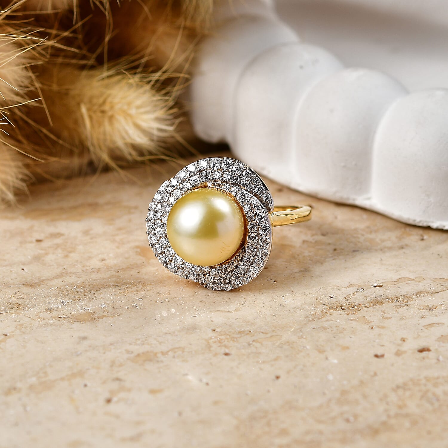 D'Joy Premium South Sea Golden Cultured Pearl and Moissanite 0.75 ctw Ring in 18K Vermeil Yellow Gold Over Sterling Silver (Size 6.0)