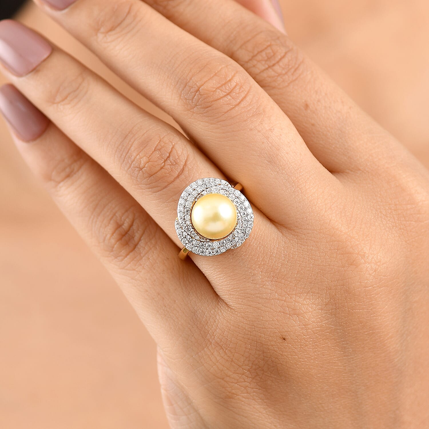 D'Joy Premium South Sea Golden Cultured Pearl and Moissanite 0.75 ctw Ring in 18K Vermeil Yellow Gold Over Sterling Silver (Size 6.0)