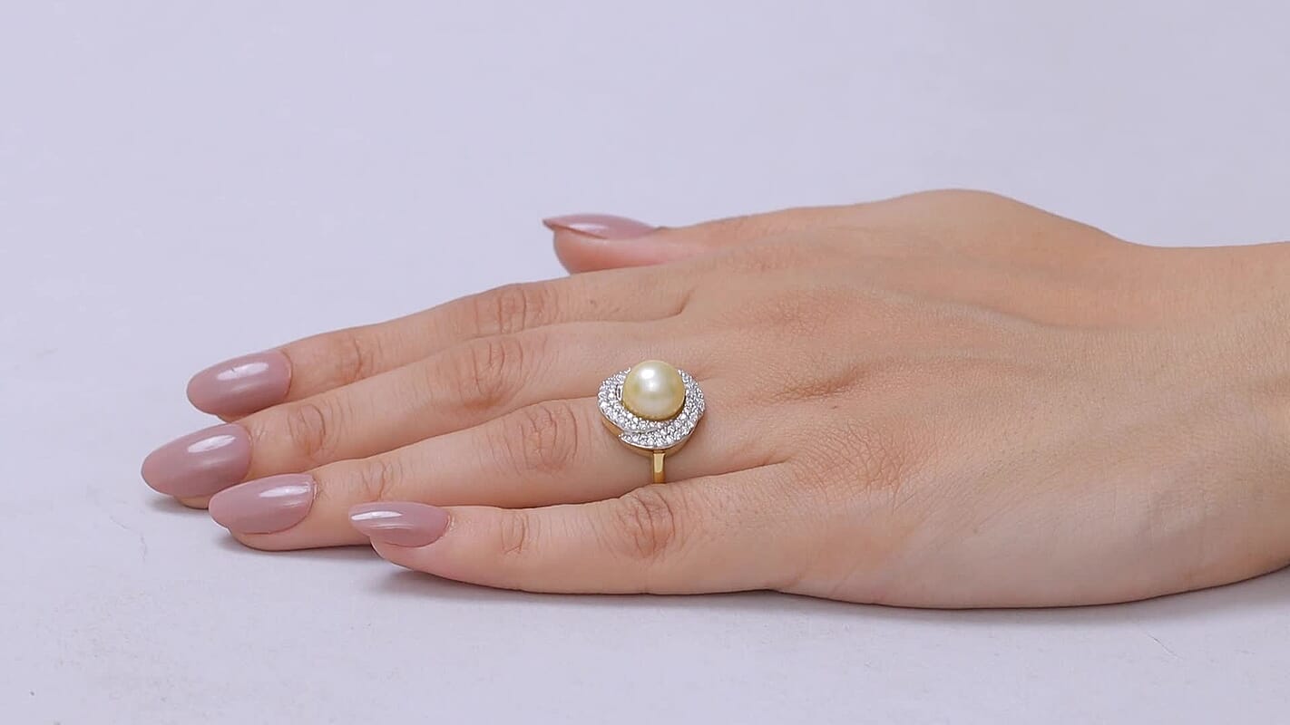 D'Joy Premium South Sea Golden Cultured Pearl (10mm), Moissanite Ring in 18K Vermeil YG Over Sterling Silver (Size 10.0) 0.75 ctw