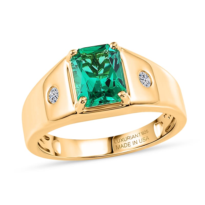 Premium Lab Grown Colombian Emerald and Luxuriant Lab Grown Diamond G-H SI 2.10 ctw Men's Ring in 18K Vermeil Yellow Gold Over Sterling Silver (Size 10.0)