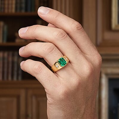 Premium Lab Grown Colombian Emerald and Luxuriant Lab Grown Diamond G-H SI 2.10 ctw Men's Ring in 18K Vermeil Yellow Gold Over Sterling Silver (Size 10.0)