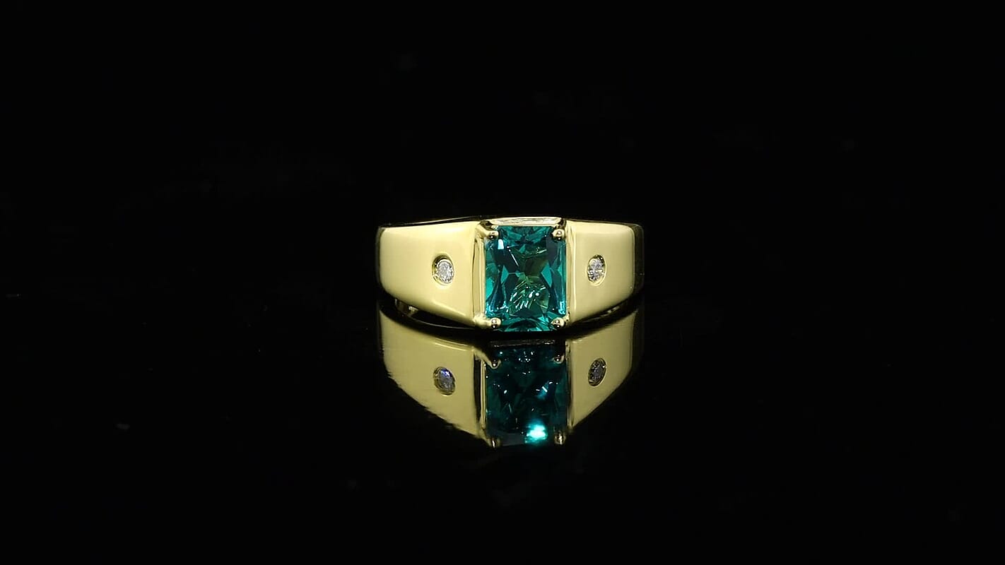 Premium Lab Grown Colombian Emerald, Luxuriant Lab Grown Diamond (G-H, SI) Men's Ring in 18K Vermeil YG Over Sterling Silver (Size 10.0) 2.10 ctw