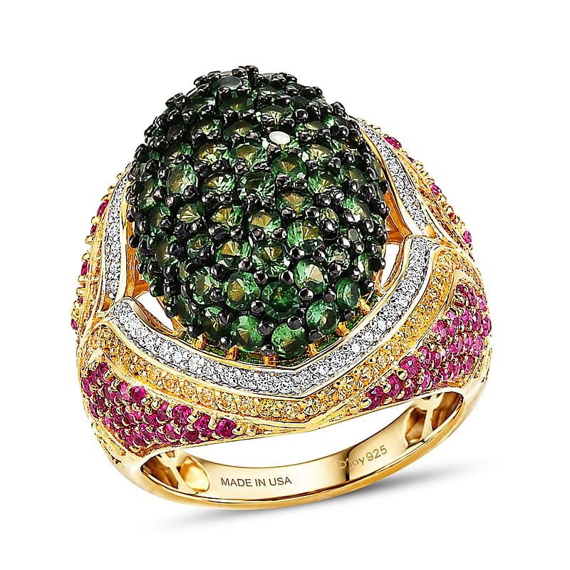 D'Joy Premium Tsavorite Garnet and Multi Gemstone 4.90 ctw Jardin Mystique Ring in 18K Vermeil Yellow Gold Over Sterling Silver (Size 6.0)
