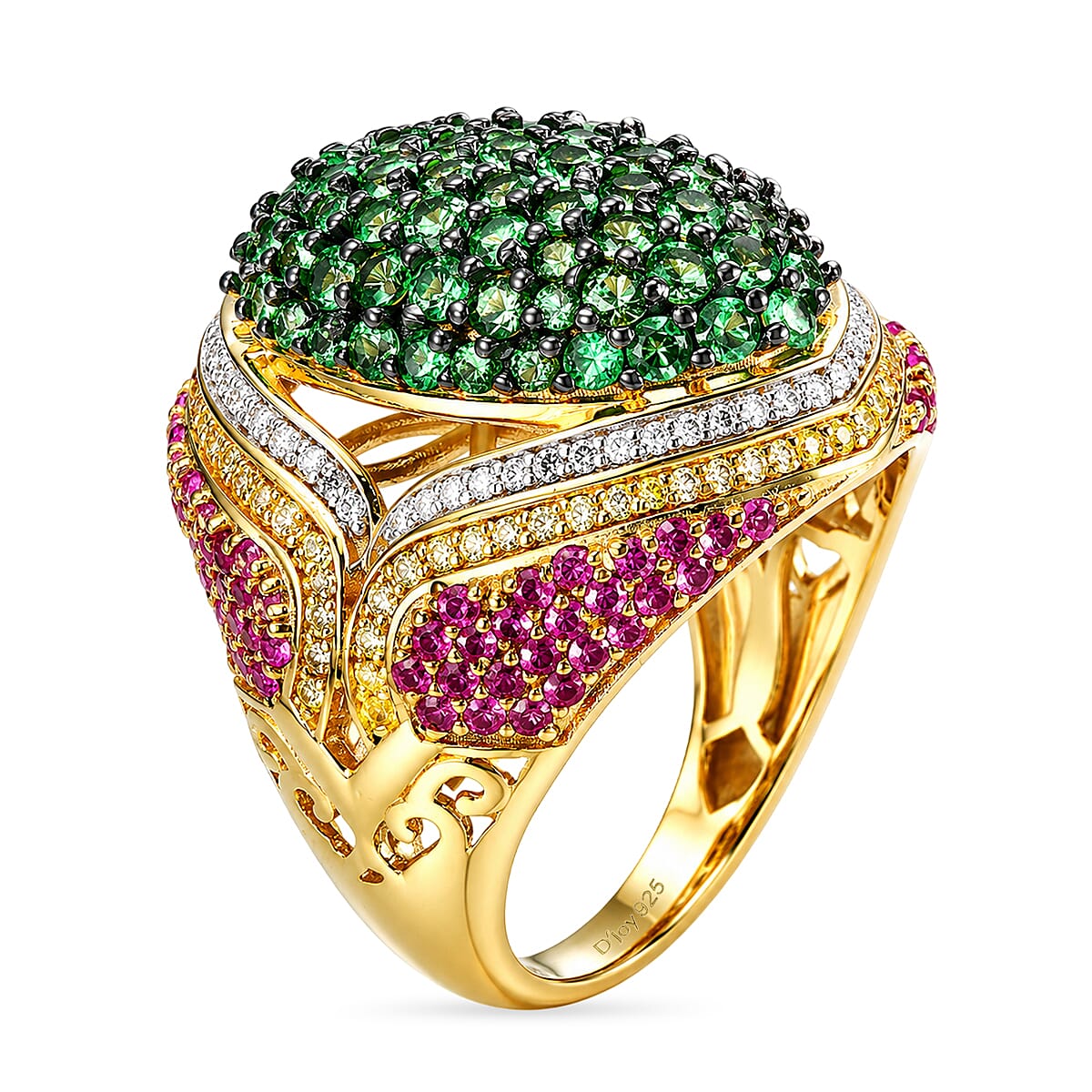 D'Joy Premium Tsavorite Garnet and Multi Gemstone 4.90 ctw Jardin Mystique Ring in 18K Vermeil Yellow Gold Over Sterling Silver (Size 6.0)