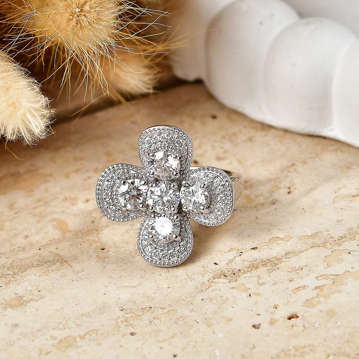 D'Joy Moissanite 2.50 ctw Floral Ring in Rhodium Over Sterling Silver (Size 7.0) image number 1